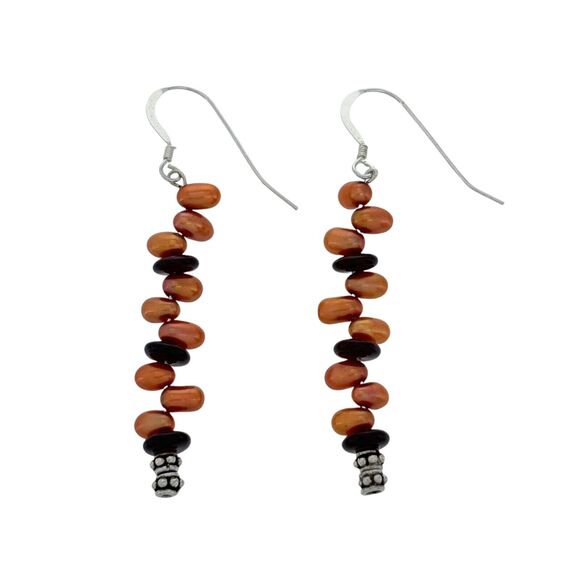 Vintage Sterling Silver 925 Orange Pearl Glass Beaded Dangle Earrings - Picture 2 of 5